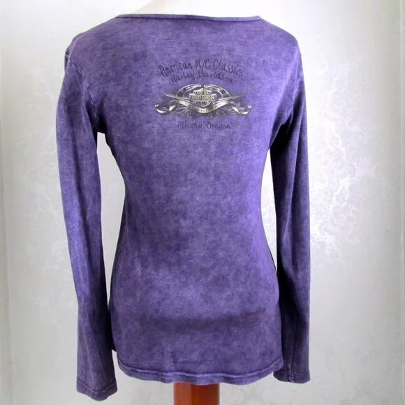 HARLEY-DAVIDSON TOP, M-L, LONG SLEEVED & LONG BODY FANCY LOGO, PURPLE COTTON H-D - Picture 7 of 7